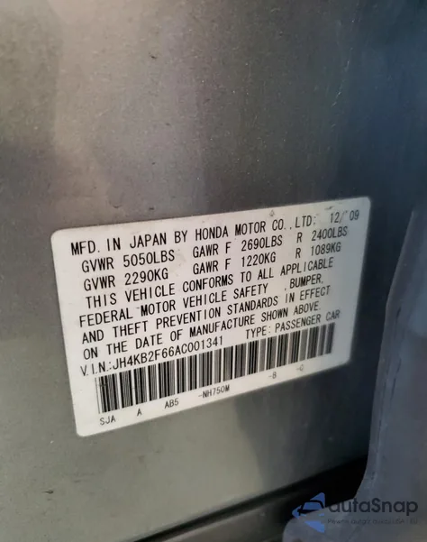 2010 Acura Rl из США, поврежденный, VIN JH4KB2F66AC001341